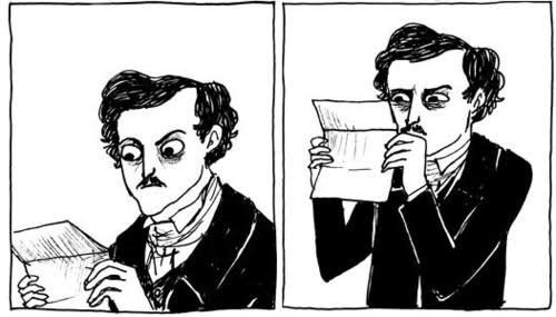 Two panels of Edgar Allen Poe reading a letter from a comic by Jules Verne. The first panel is shoulders up, and he is holding the tri folded letter at a reasonable distance. The second panel is waist up, and Poe is holding the letter much closer to his face and squinting at it with uncertainty and concern. 