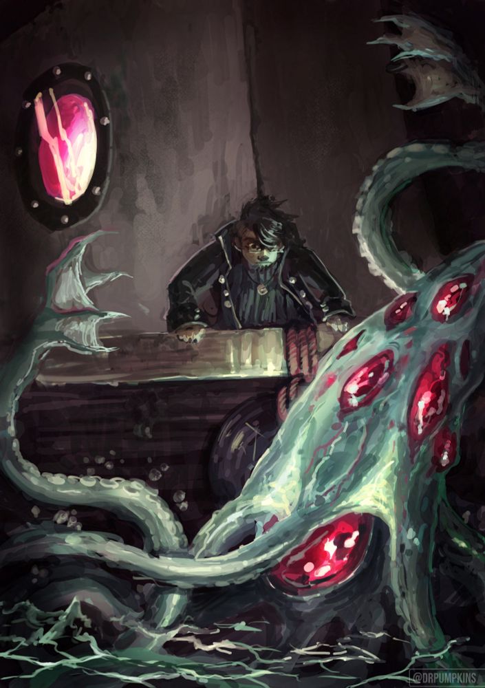 A digital painting of the game dredge. A character is looking over the edge of their boat, staring at a giant squid with pale, sick flesh and strange eyes or growths covering its body. The tentacles end in long, strange hands. 