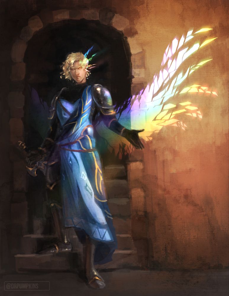 Digital painting of a character with bright rainbow-fractal wings standing in a doorway
