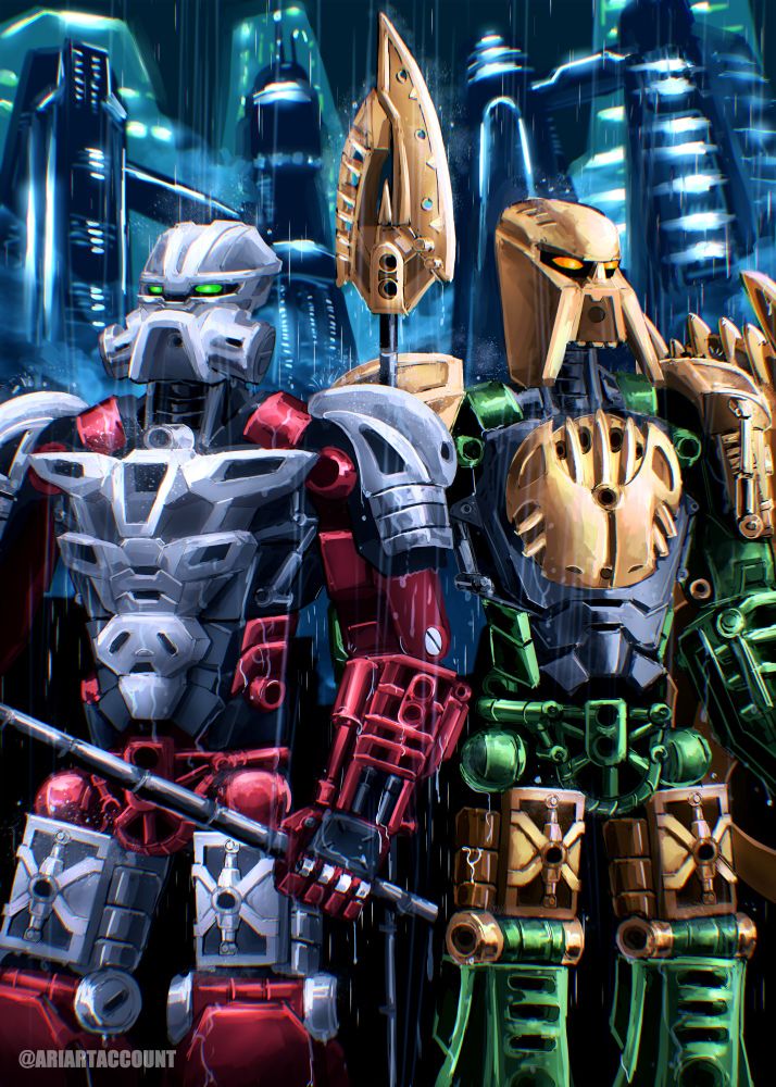 Drawing of Norik and Iruini, from the LEGO BIONICLE franchise. Two armored figures stand in the rain, framed by a towering city rising behind them. 