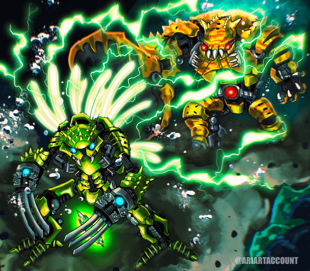 Ehlek electrocuting Carapar in an underwater duel, green lightning crackling everywhere