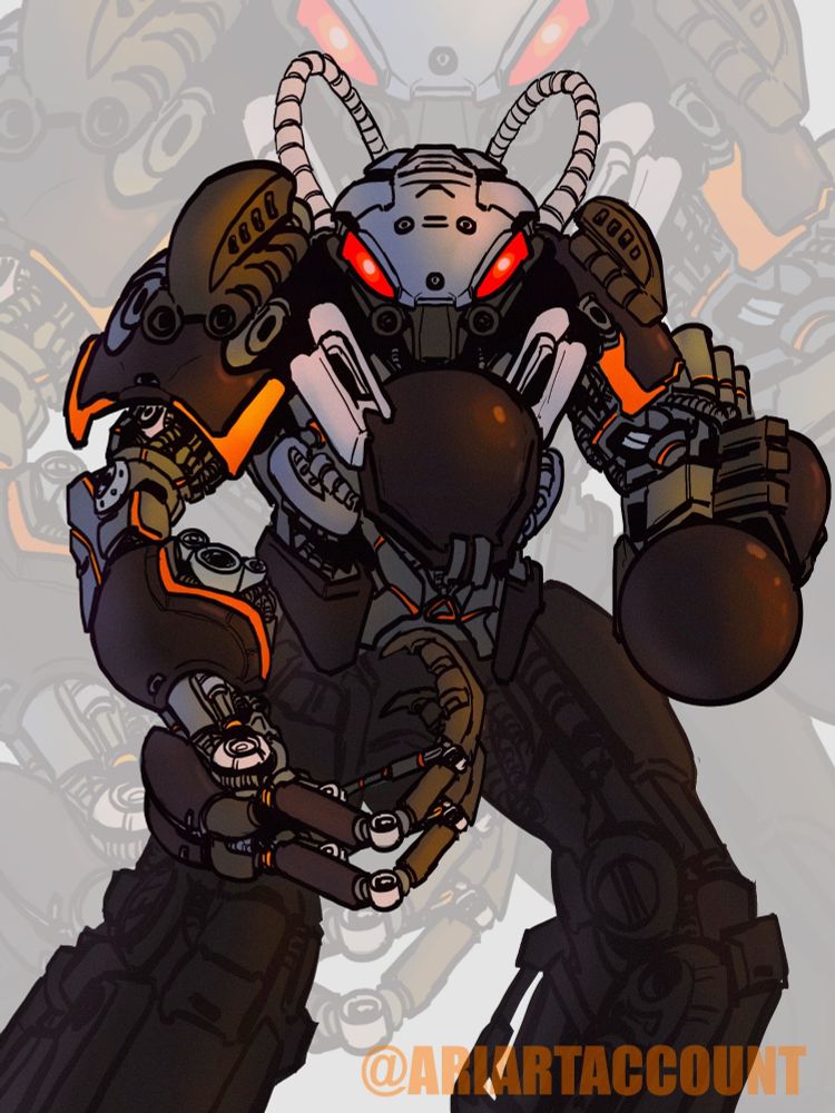 A drawing of an Exo Toa, from the Bionicle Lego franchise. The machine stands defensively, raising its clawed hand and rocket launcher in a fighting stance