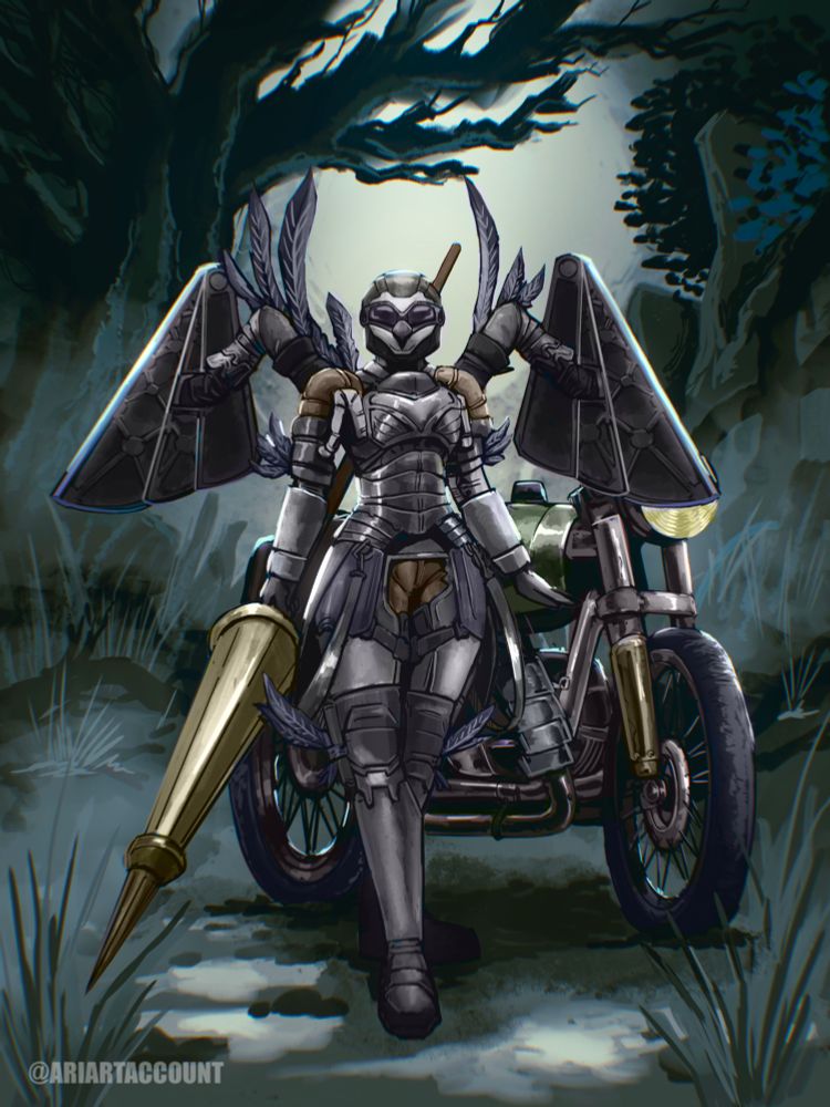 Commission of a biker adorned with feathers and a metallic biker jacket. She stands tall, holding a lance and framed by mechanical wings. Behind her is a motorcycle, and in the background is a dark forest with creeping fog and murkey vegetation. 