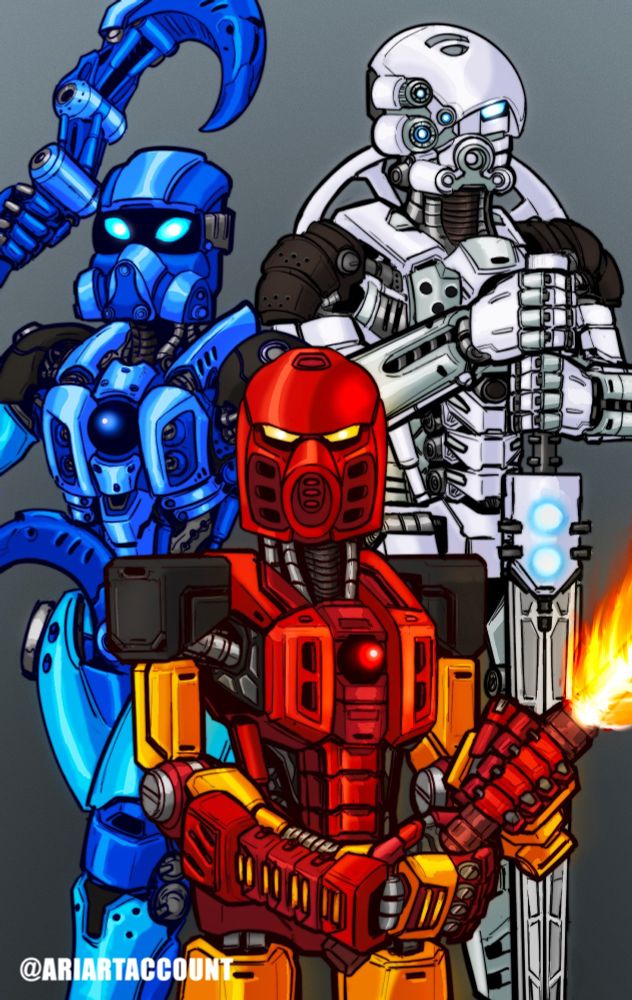 Toa Tahu, Gali, and Kopaka, from the LEGO BIONICLE franchise. They pose for the camera holding their respective toa tools