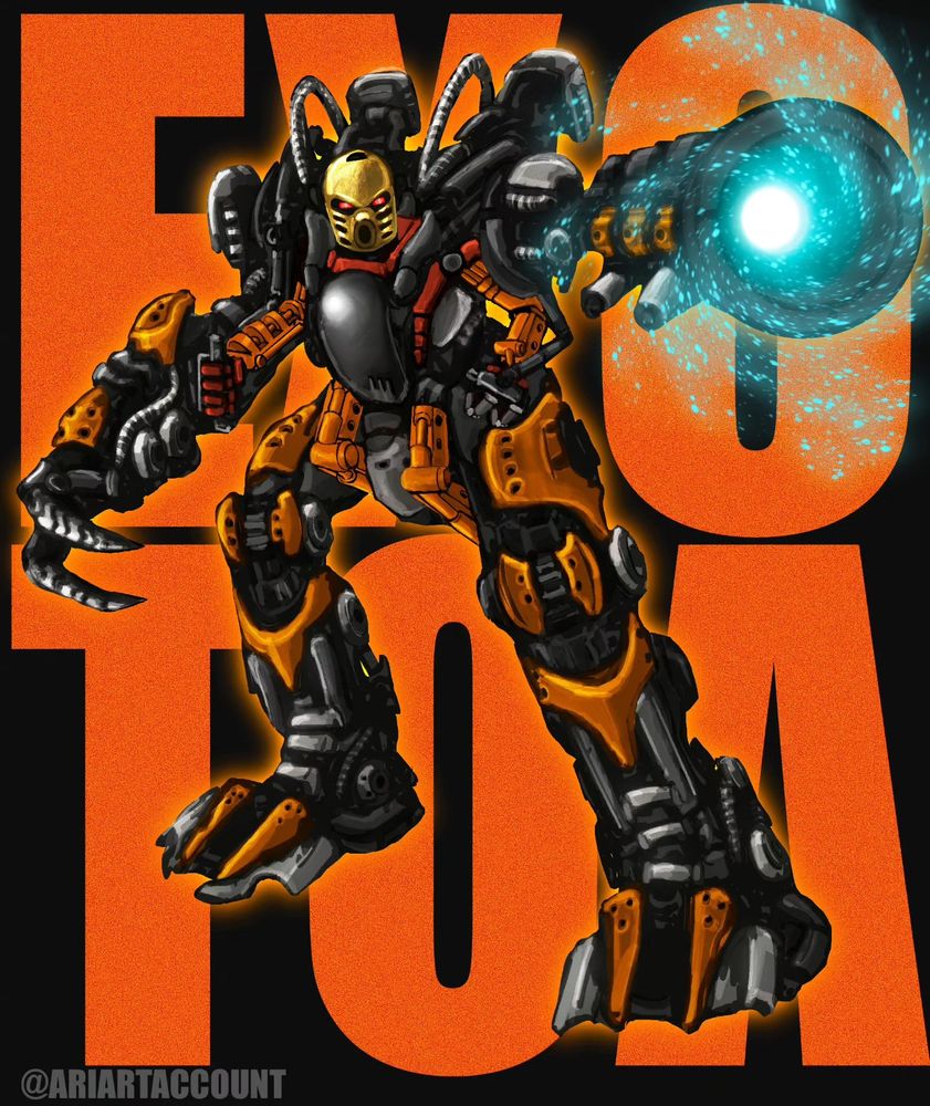 Toa Tahu in an EXO TOA power suit, with the words EXO TOA in the background in giant orange letters. His cannon shines with blue energy as he points it to something off screen. Tahu is a character from the BIONICLE LEGO franchise.