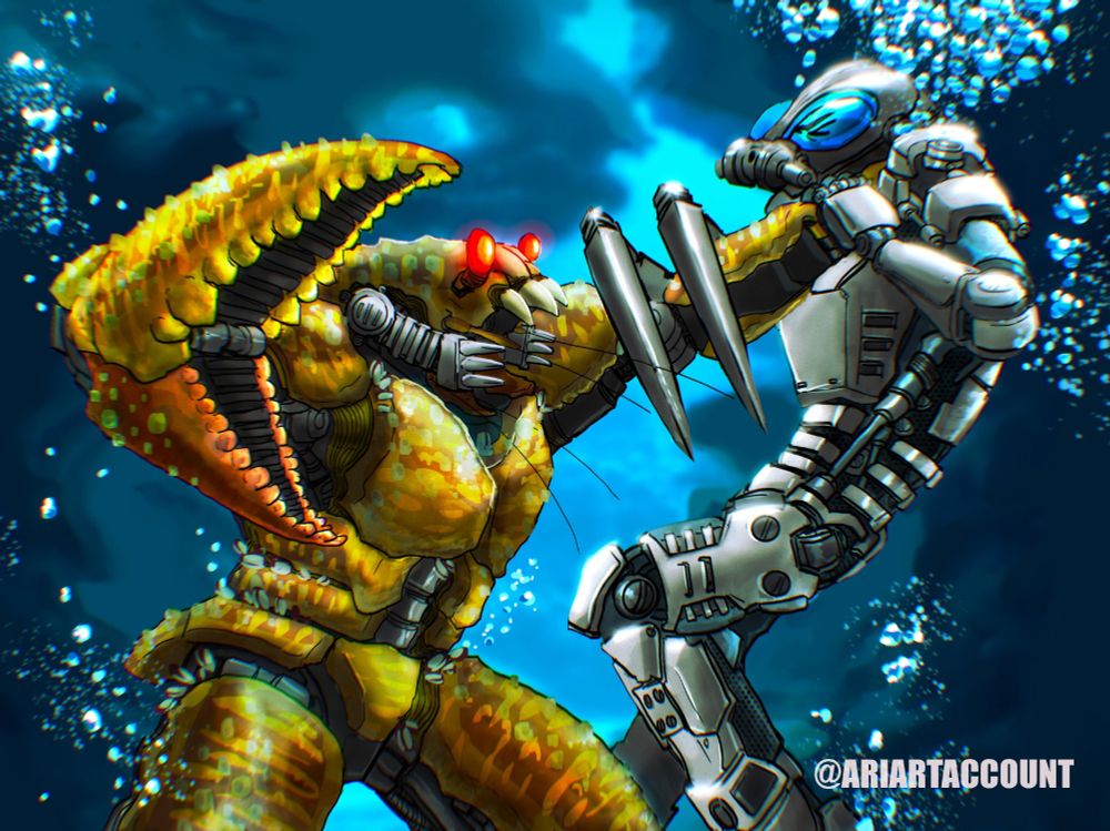 Carapar fighting Matoro, holding him by the neck and brandishing a massive barnacled claw
