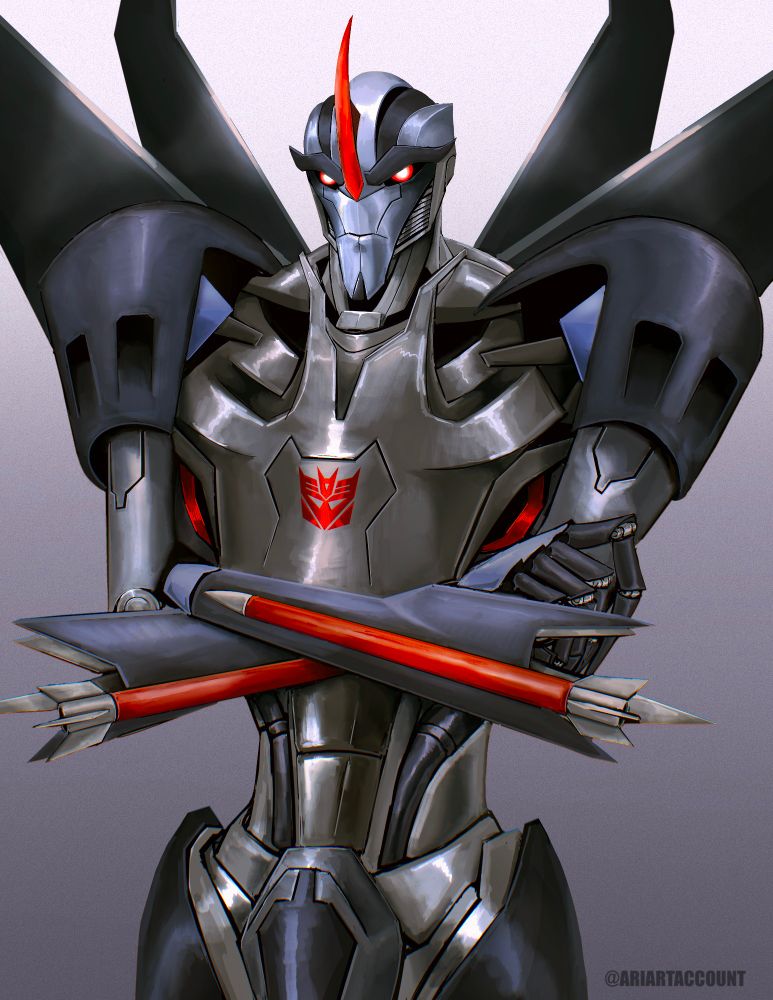 Starscream from Transformers Prime, arms folded and scowling.
