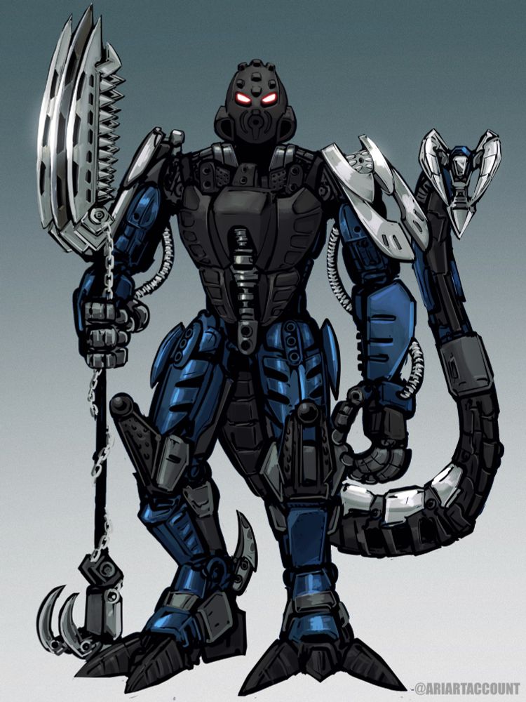 Commissioned drawing of a LEGO BIONICLE MOC direct from ko-fi. A tall bipedal figure stands with a massive three bladed glaive. He is clad in segmented, chitinous armor and sports a winding, clawed tail. 