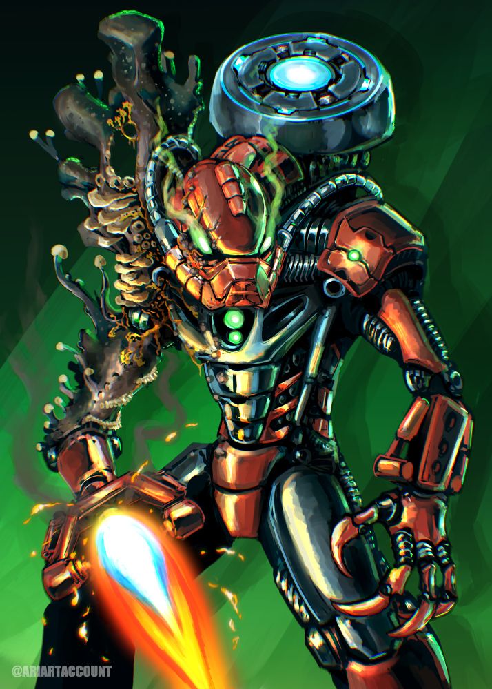 Drawing of Toa Hordika Vakama. He is a monstrous version of the regular Vakama, mutated by Visorak venom. His right arm is mutated and fungal, and tipped with a pulsing flame thrower contraption.
