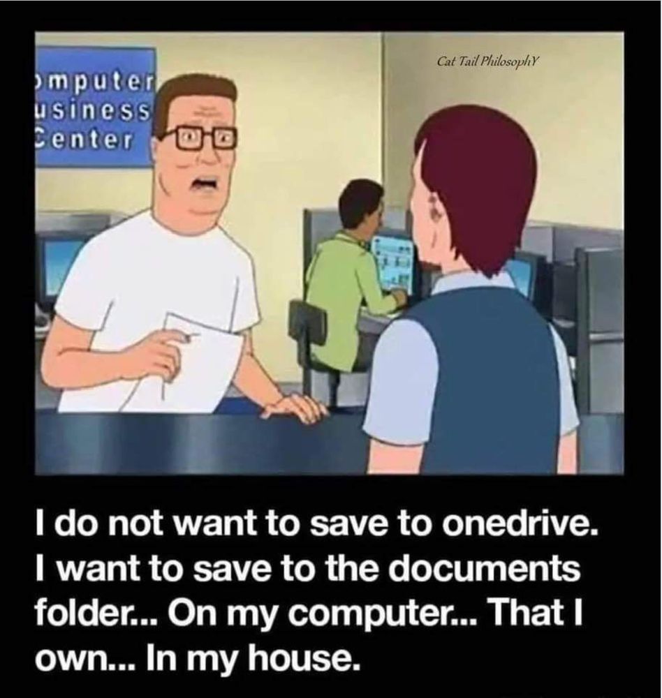 Cartoon meme of two men at the computer business centre. One is saying to the other, 'I do not want to save to onedrive. I want to save to the documents folder... on my computer... in my own house.'