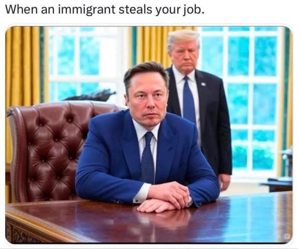 Picture of Elon Musk sitting at the President’s desk with a sulky Trump in the background. The caption reads ‘When an immigrant steals your job’.