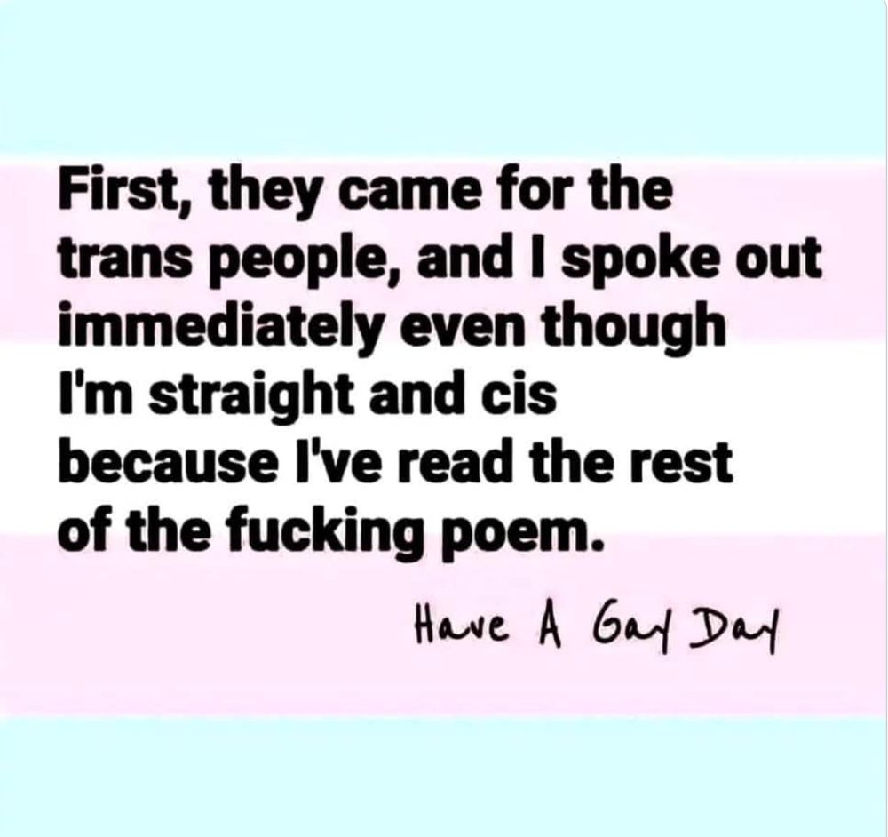 Meme in pink, blue, white and grey, by 'have a gay day': First they came for the trans people, and I spoke out immediately even though I'm straight and cis because I've read the rest of the fucking poem.'