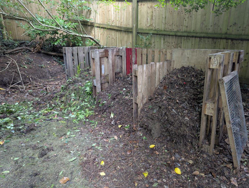 A photo of 3 compost bins made from pallets. The left heap has lots of green leaves visible in it, the middle one has a few but the right one is dark brown.