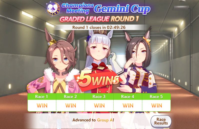 Screenshot of Umamusume: Pretty Derby Gemini Cup results screen featuring Narita Taishin, Gold Ship, and Air Groove who've combined for 5 straight wins