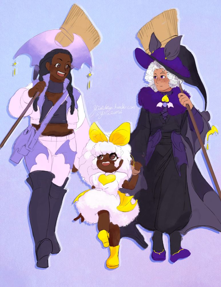 A woman, a child, and a third person walk together. The adults on either end carry broom-sticks and wear bat themed witches hat.
 The one on the left has a modern and pastel bat themed outfit while the one on the right has more traditional witchy clothing. 
In the middle is a fluffy white haired child roughly designed off a Honduran white bat.