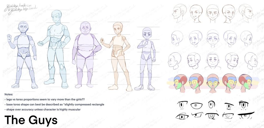 The Guys
Notes:
-Legs Vs. Torso proportions seem to vary more than the girls??
- Base torso shape can best be described as "Slightly compressed rectangles."
- Shape over accuracy unless character is highly muscular.
-5-6 Heads tall. 


On the right side:
Team skull Grunt, Gaeric, Professor Laventon, Blue (Gary Oak) , Player character (pokemon Scarlet violet). 
They have been broken down to basic shapes and proportions.

On the left:
4 rows of faces looking around at different angles. The bottom most row has been broken down into what planes build the facial structure of this style. 
