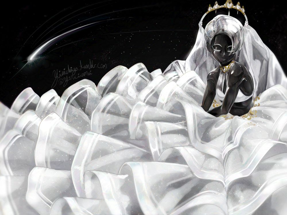 Cairngorm sits in a state of peaceful rest with the nightsky behind her, decorated only by the faint glow of starlight and a single comet. 

The Dress she wears is a two piece made of extravagant, sparkly tulle with gold accents. Above her head is a halo like crown that includes a thin tulle viel draping behind her almost like hair. 

The image plays with the high contrast and harmony between the black of the sky and her skin vs the white of her hair and her gown.