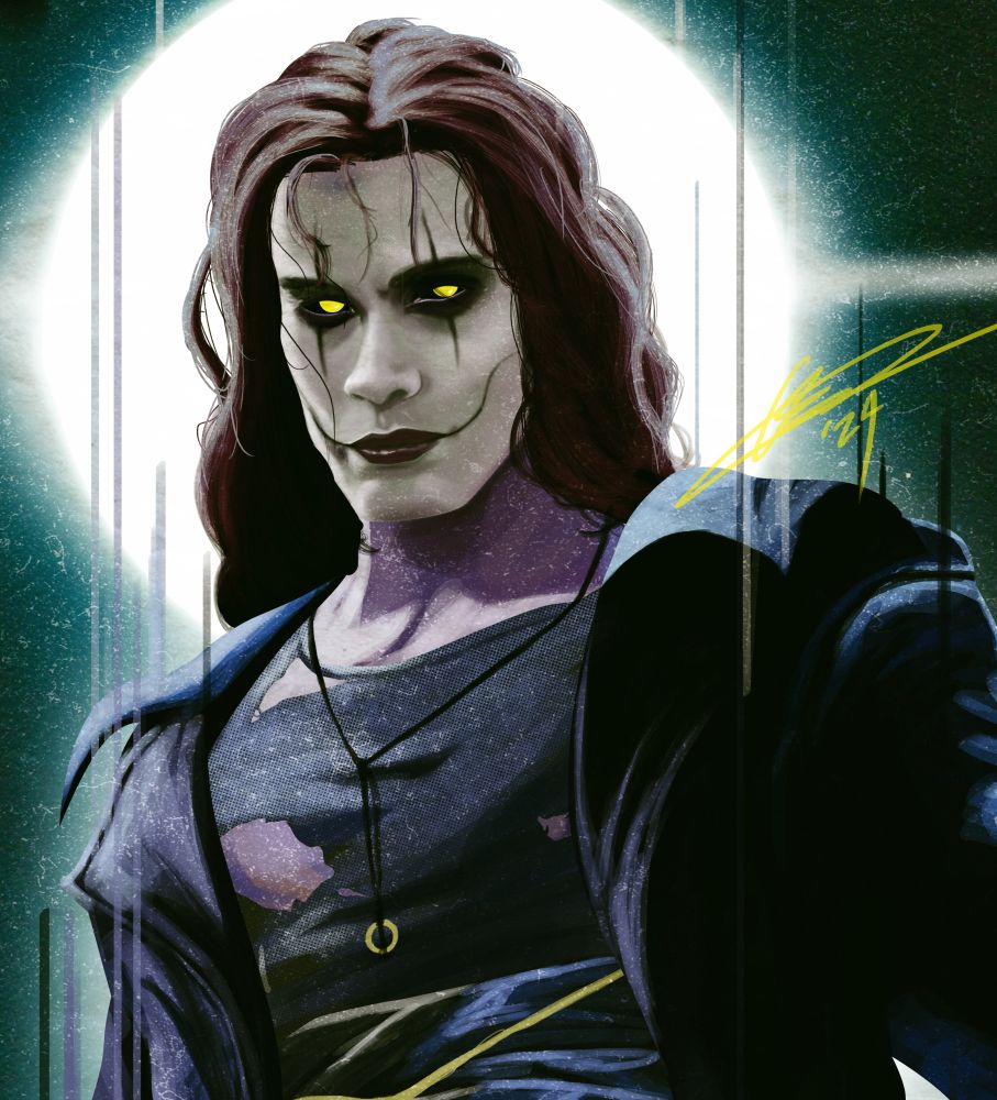 Close up of the facial features of Eric Draven.