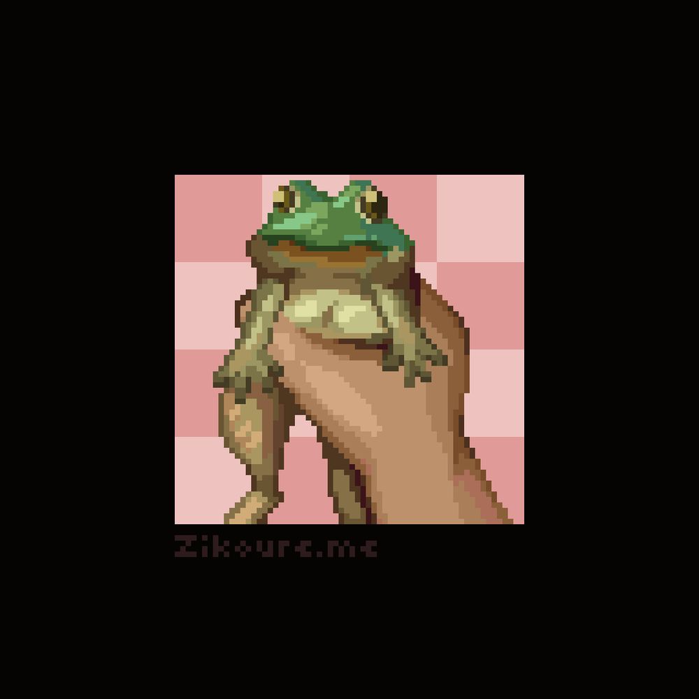A pixel art drawing of a hand grabbing a frog from a 1st person POV. The background is a light pink checkerboard pattern.