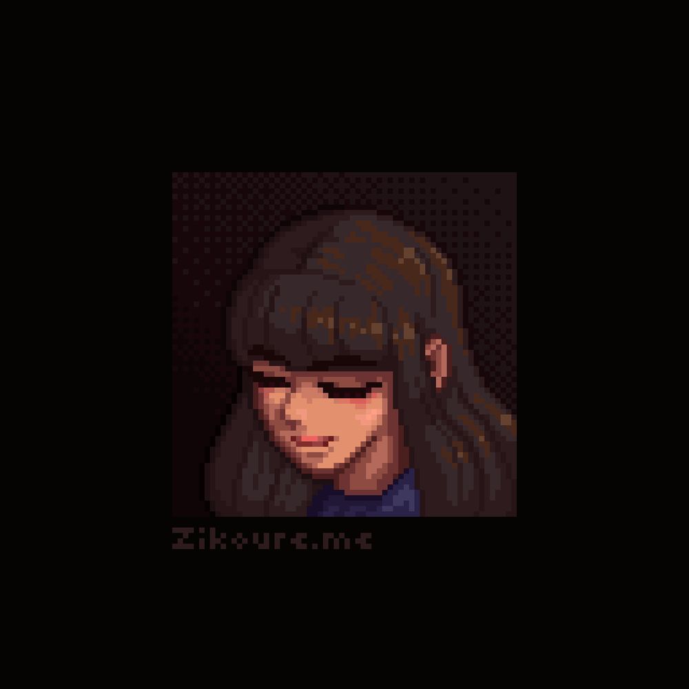 A pixel art portrait of a girl with long brown hair with bangs, eyes closed looking content.