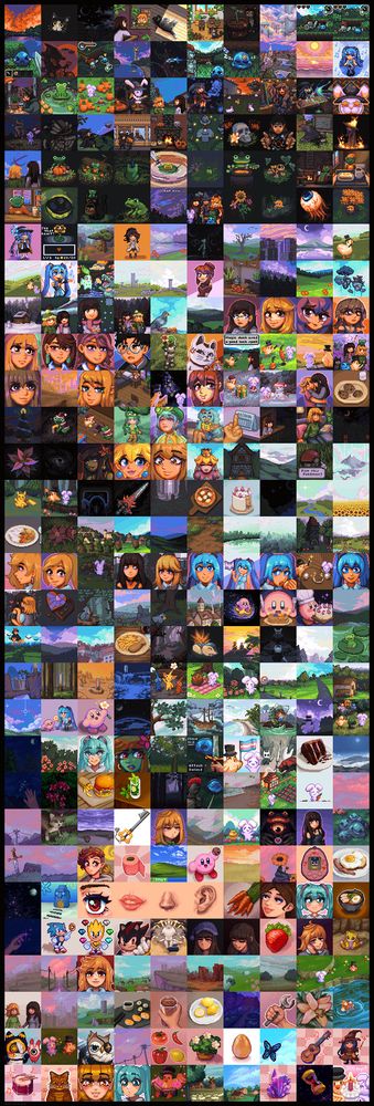 A collage of all 300 of my pixel art dailies from September 6th 2024 to July 2nd 2025. Individual image descriptions can be found on the respective post's alt texts by searching for the #dailies tag on my profile.