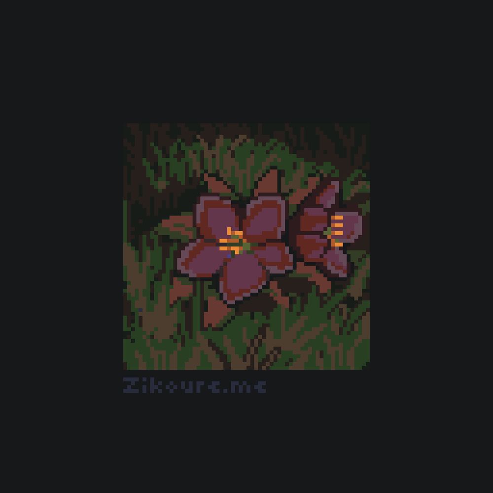 A pixel art of two red flowers with 5 petals each growing in the grass.