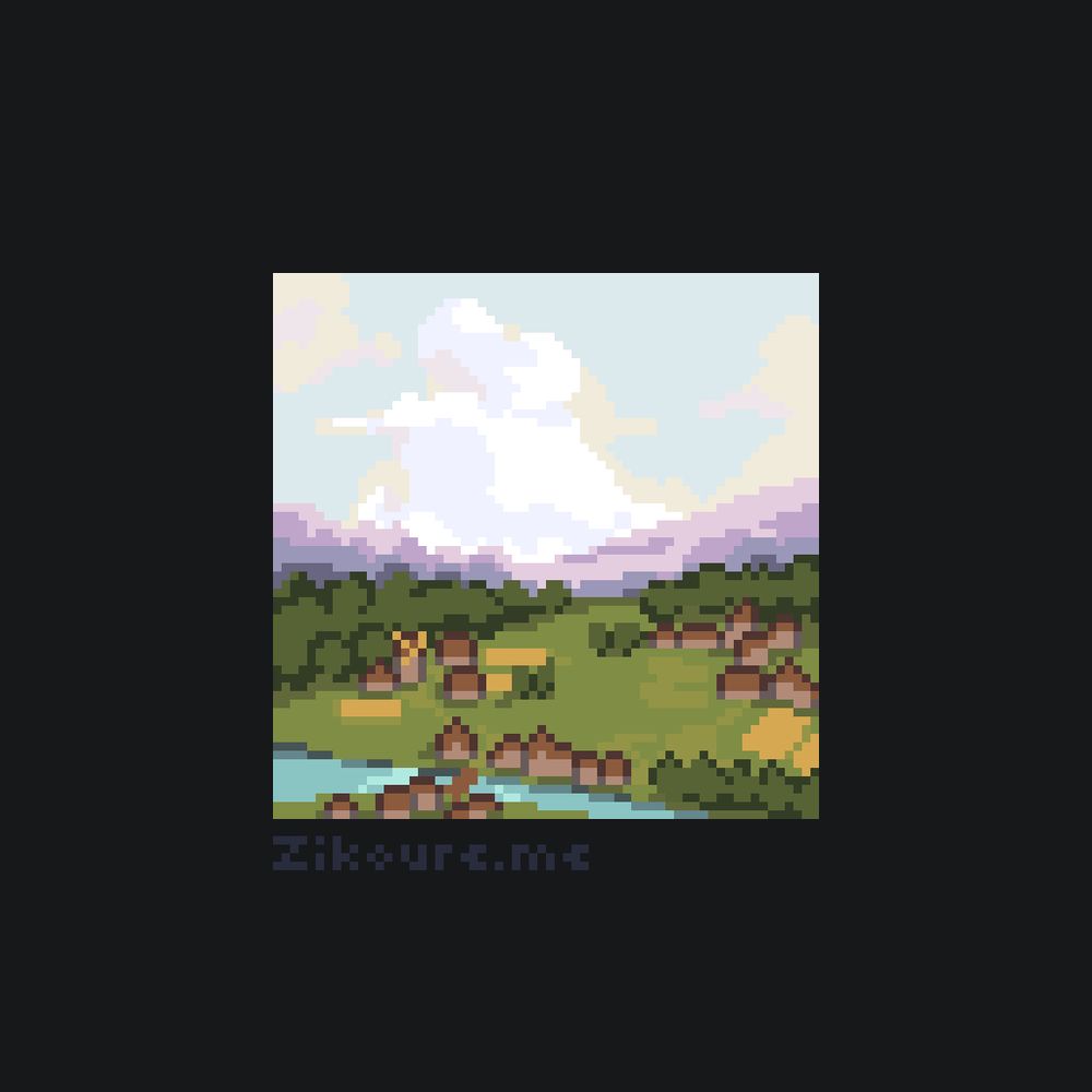 A pixel art landscape of a village on the hills. The village is separated from the mountains by trees both sides, and cut in two by a river. There are buildings, fields and a mill on the northern side of the river, and houses on the other side.