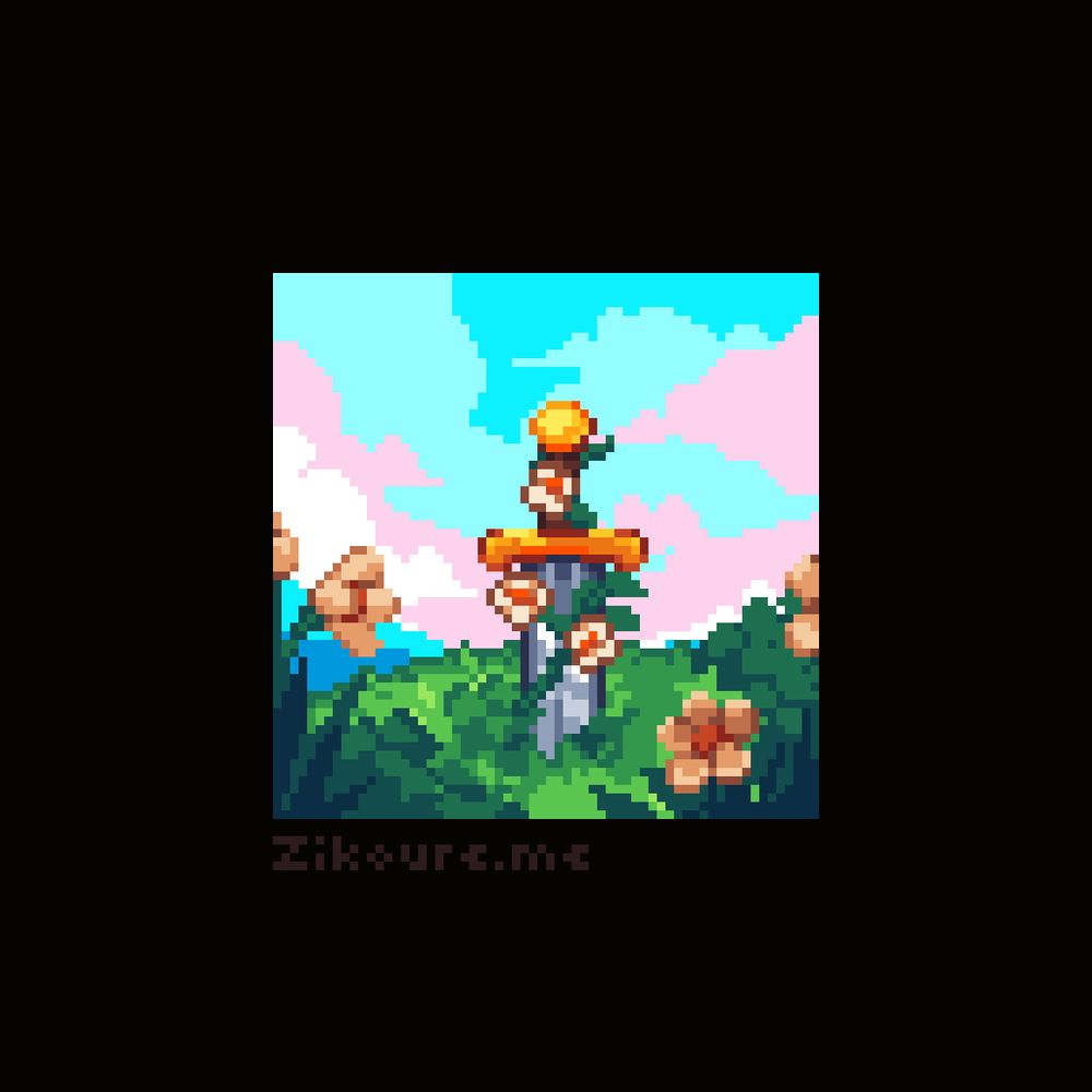 A pixel art drawing of a sword planted in the ground on a grassy hill, surrounded by small white flowers with a cloudy bright blue sky in the background. A vine covered in white flowers is wrapping around the sword.