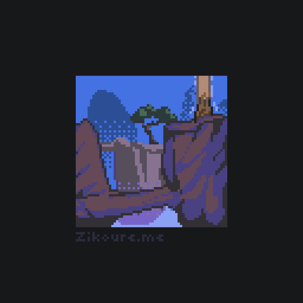 A pixel art landscape of the mountain territory from Code Lyoko. There are some floating rock islands and paths in the background. One of them has a tree growing on it. There are more rocks and paths floating in the foreground, with a neutral tower at the top of one of them.