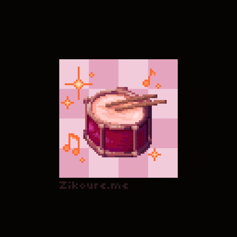 A pixel art drawing of a red drum, with two drumsticks resting on top of it, over a pink checkerboard background. Orange sparkles and music notes are all around the drum.