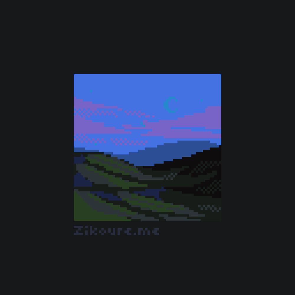 A pixel art landscape of lush green mountains, sitting underneath an early evening crescent moon.