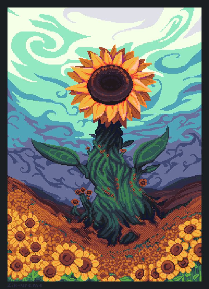 Pixel art of hills filled with sunflowers, all joining together at a huge stem at the center of the image leading to a giant sunflower head.