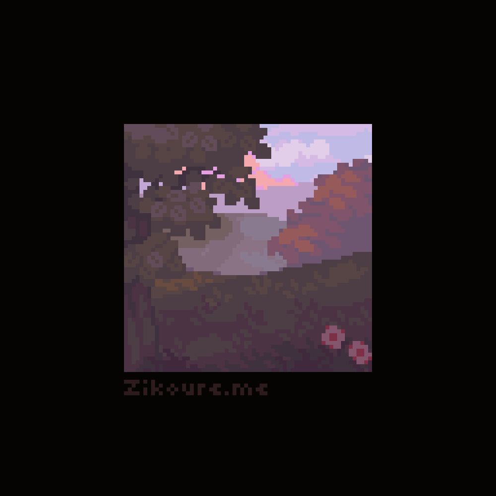 A pixel art landscape of grassy hills and mountains under the late evening sky. Lone trees are growing on the hills, and little white flowers can be seen on the foreground.