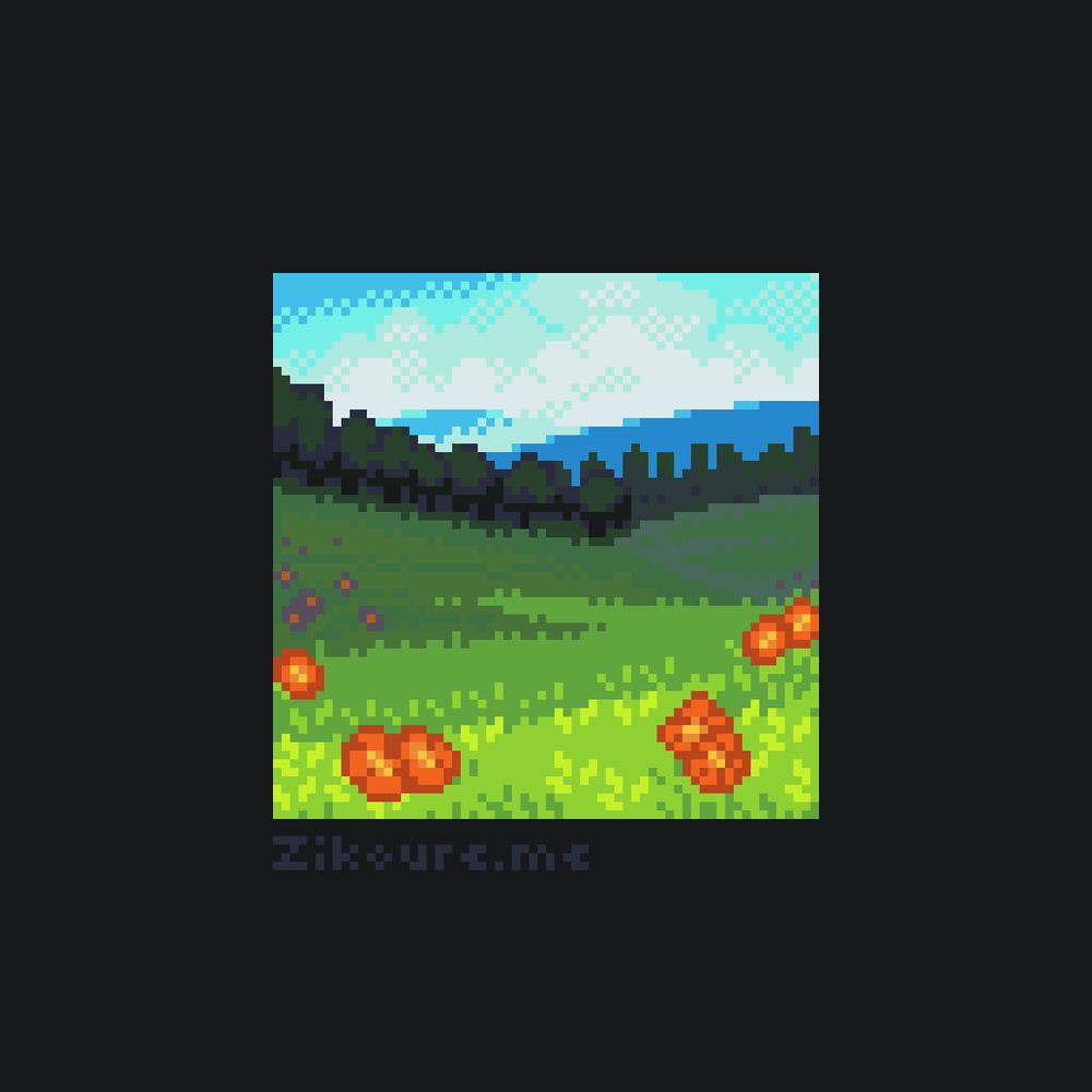 A pixel art landscape with mountains and forests in the background and grassy hills with red flowers on the foreground.