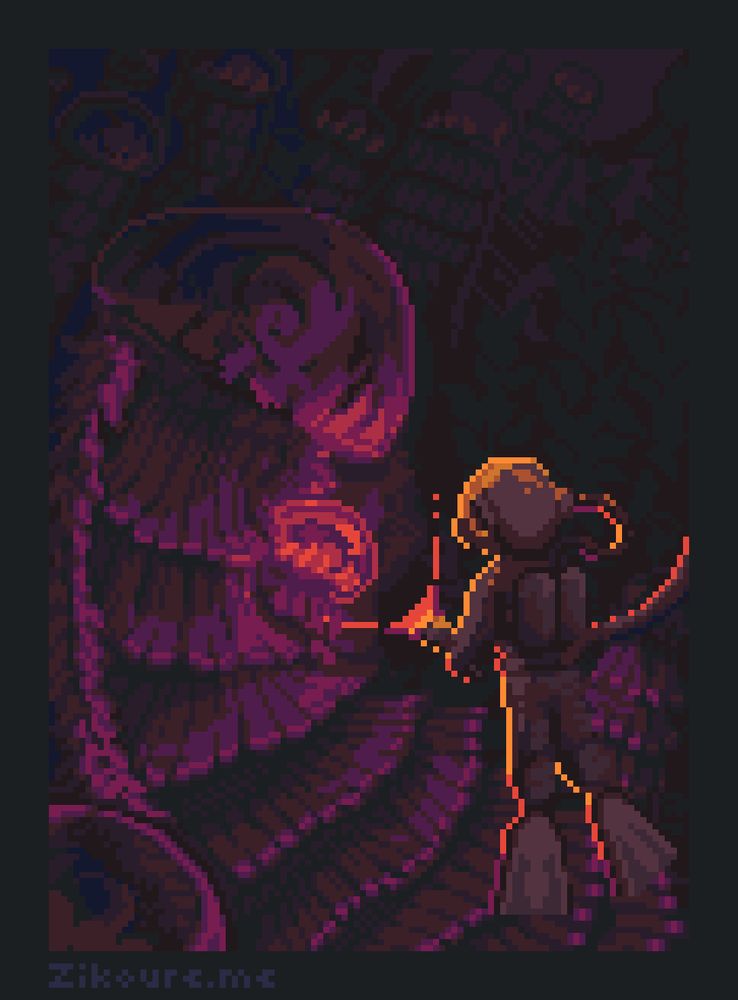 Pixel art of a diver encountering a smack of carnivorous fern jellyfishes deep in the abyss.