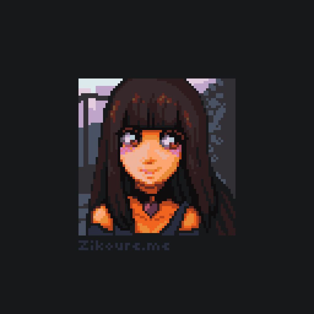 A pixel art bust up of a girl with brown long hair, bangs, brown eyes, wearing a pink heart choker, walking in the street. She is looking at her left (right of the image), smiling and blushing.