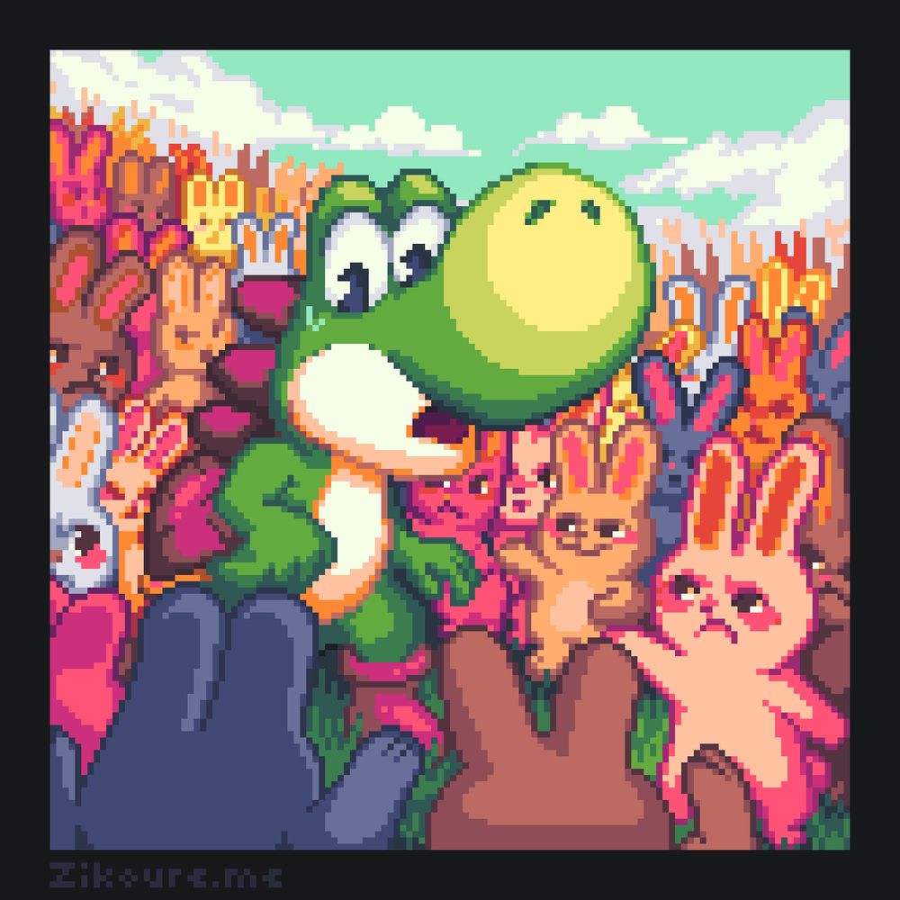 A pixel art of a distraught Yoshi, surrounded by an army of colorful angry bunnies. The bunnies are closing in on Yoshi.