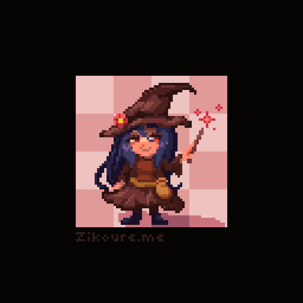 A pixel art drawing of a witch with long dark blue hair and red eyes. She wears a brown dress with a yellow belt to which is attached a little pouch. She has a brown witch hat with a white flower on it. She is smiling and casting a spell, red sparkles are coming out of her wand.