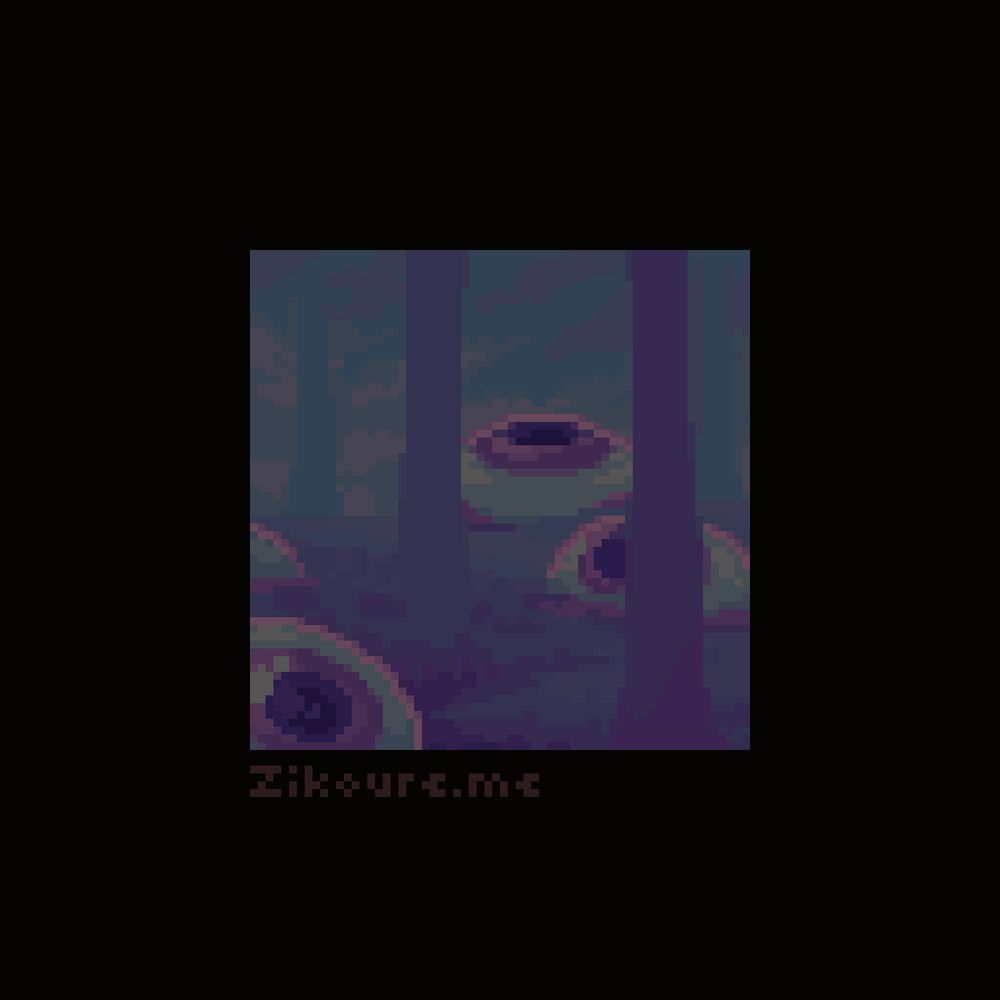 A pixel art landscape of lush mountains with pillars going all the way into the clouds, and giant eyeballs growing out of the ground.