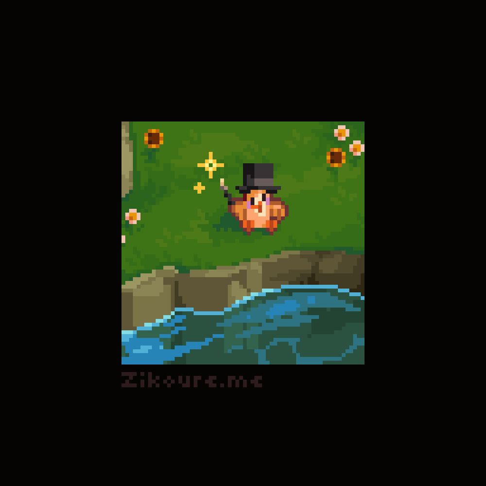 A pixel art drawing of a little magician duck sitting down near a lake, smiling, surrounded by flowers. He is wearing a magician's hat and a casting sparkles with a magician's wand.