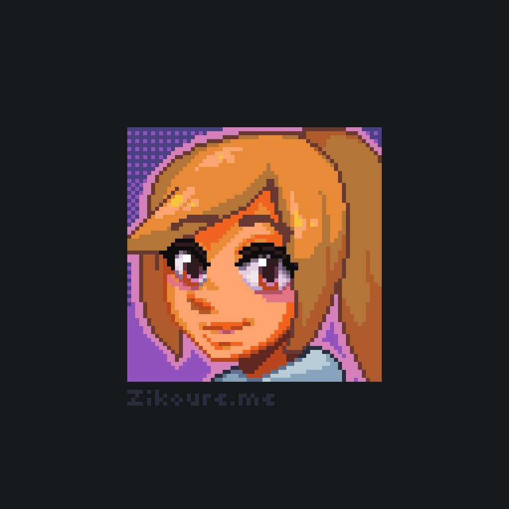 A pixel art portrait of a blond girl with red eyes, a ponytail and side bangs, smiling.