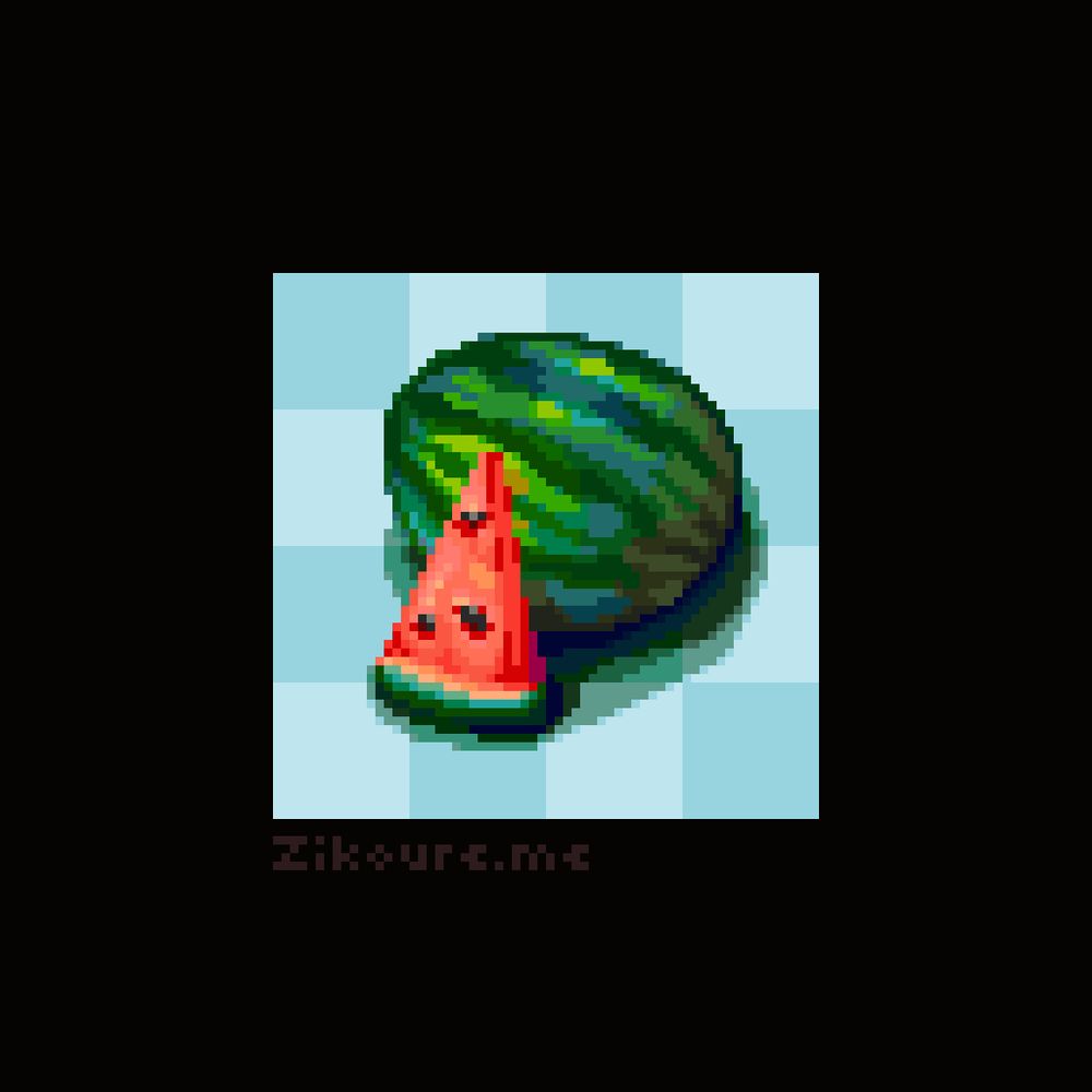 A pixel art drawing of a small watermelon, with a big triangle slice of watermelon in front of it. The background is a light blue checkerboard pattern.