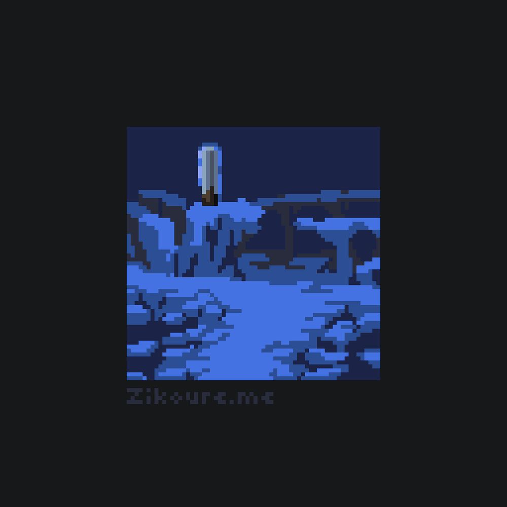 A pixel art landscape of the ice territory from Code Lyoko. It's an icy floating landmass with bits of ice drifting off on the void. Icy mountains and bridges on ice pillars can be seen in the distance. A de-activated tower stands on one of the peaks.