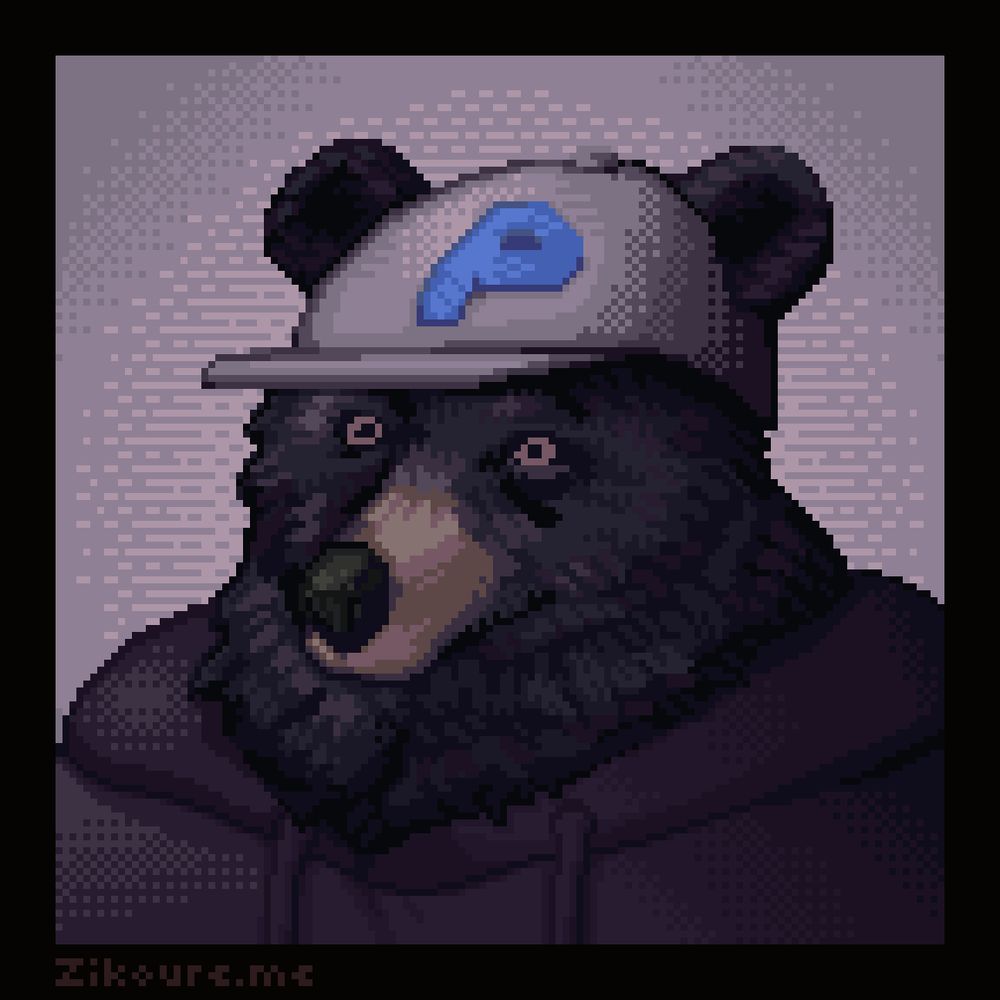 A pixel art portrait of an asian black bear wearing a dark brown hoodie and a grey cap with a blue "P" sown on the front.