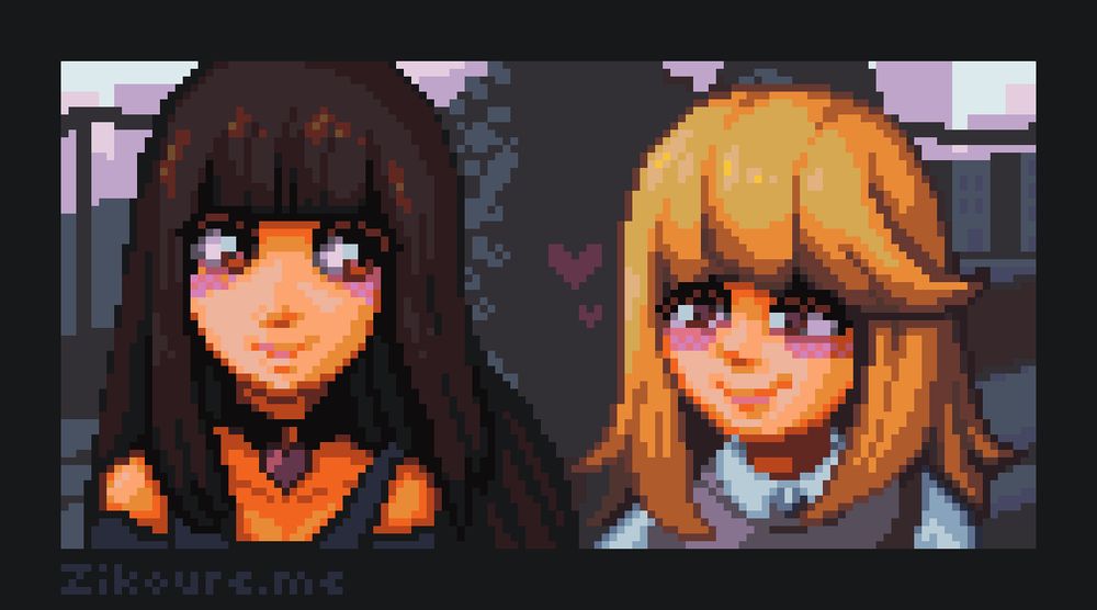 A pixel art bust up of a two girls waling in the streets. Looking at each other while smiling and blushing.

The girl on the right has blond shoulder-length hair, bangs and brown eyes. She is wearing a white collar shirt and a light brown vest.

The girl on the left has brown long hair, bangs and brown eyes. She is wearing a pink heart choker, a black tank top and a black vest.