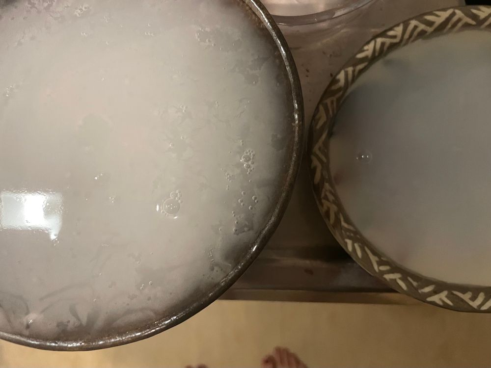 温めた餅粉汁をフチまでなみなみ入れた丼と分厚くフチに高さある平皿
内側だけのコーティングやり方。冷めるまで放置。