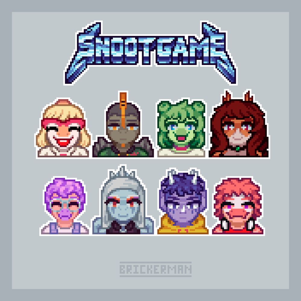 Picture with all the pixel-art icons of Goodbye Volcano High / Snoot Game main dino characters