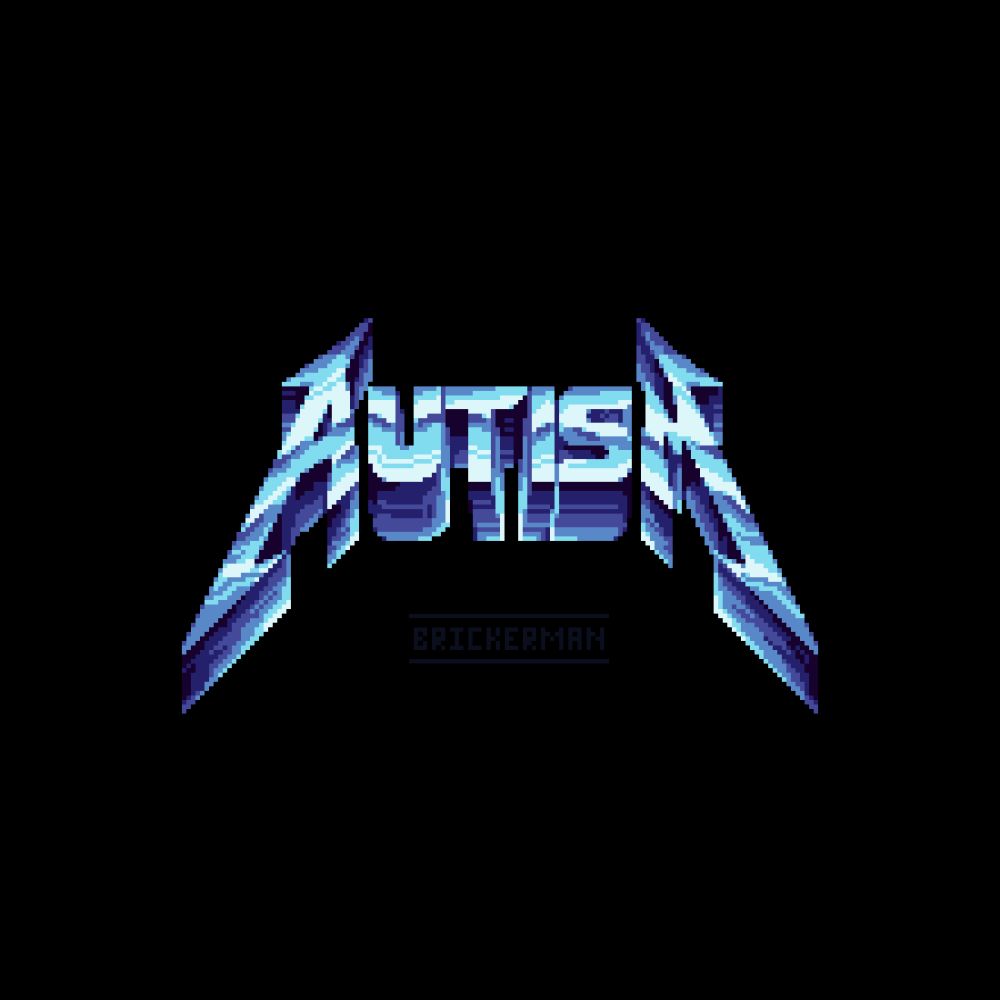 Pixel art of the word "autism" in the style of 'Metallica' logo from 'Ride the Lightning' album
