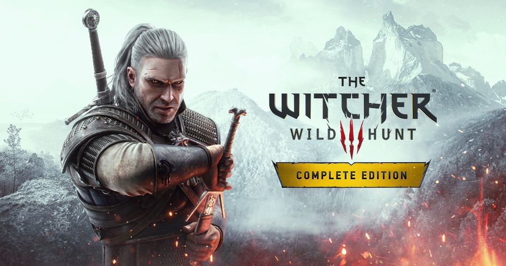 Capa de Witcher 3: Wild Hunt Complete Edition. A imagem central apresenta Geralt de Rívia, um homem de cabelos brancos e armadura de couro escura, empunhando uma espada prateada, com um olhar determinado. O fundo é uma montanha sombria e enevoada. O título do jogo aparece no lado direito em letras grandes e pretas, com o subtítulo ‘Wild Hunt’ em vermelho", e com o "complete edition" abaixo.