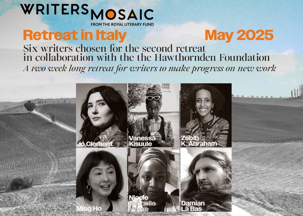 Writers Mosaic, Retreat in Italy, May 2025, Six writers chosen for the second retreat in collaboration with the Hawthornden Foundation, a two week long retreat for writers to make progress on new work - pictures of Jo Clement, Vanessa Kissule, Zebib K. Abraham, Ming Ho, Nichole Rachelle Moore, Damian La Bas